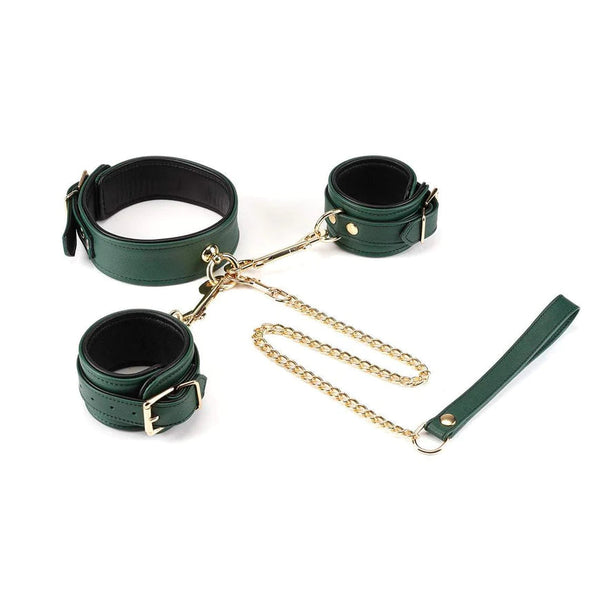 Mossy Chic Leather Collar to Wrist Cuffs Set with gold hardware for erotic fixation and BDSM play