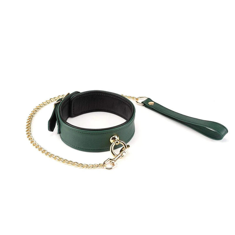 Mossy chic leather collar to wrist cuffs set featuring blackish-green cow leather with gold hardware and chain clip