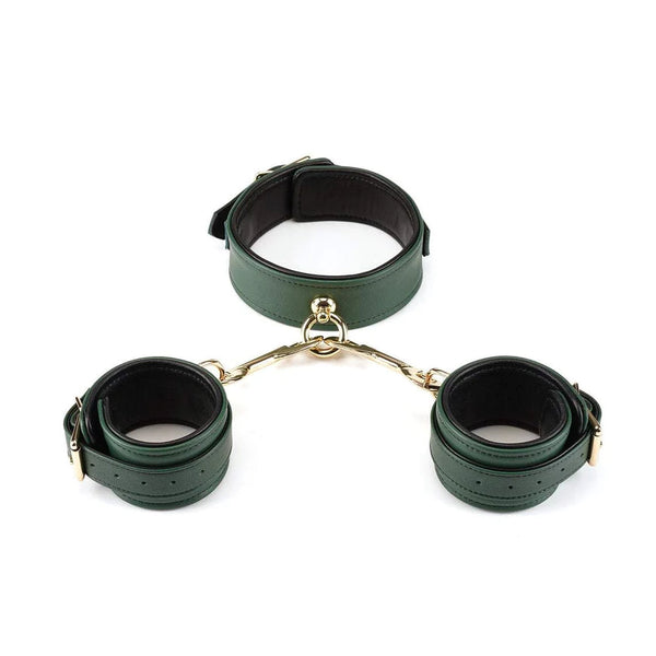 Mossy Chic Leather Collar and Wrist Cuffs Set in blackish-green with gold hardware for erotic bondage play