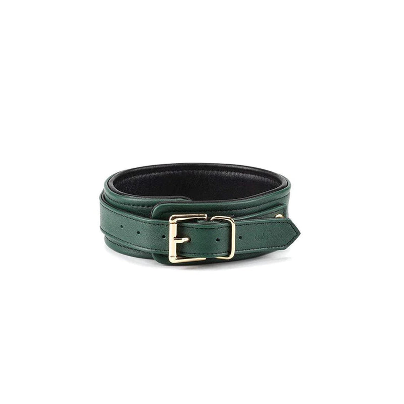 Mossy Chic Leather Collar to Wrist Cuffs Set in blackish-green with gold hardware and black sheepskin lining