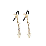 Gold leaf-shaped pendant nipple clamps with adjustable crocodile clips and rubber coated tips for comfort