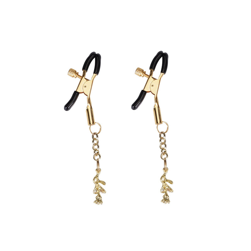 Gold leaf-shaped nipple clamps with black rubber coated tips and decorative chain details, adjustable for comfort