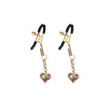 Gold heart-shaped flower nipple clamps with rubber tips for comfortable wear, ideal for adjustable sensory play