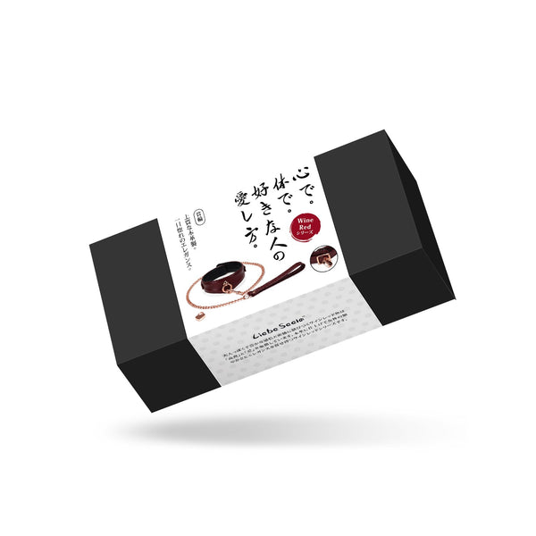 LIEBE SEELE wine red leather S&M collar with chain leash packaging, featuring luxurious red and black design with Japanese text and product details