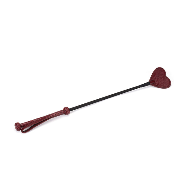 Wine Red Leather Riding Crop with Heart Shape Tip for Bondage Spanking, featuring braided handle and wrist loop