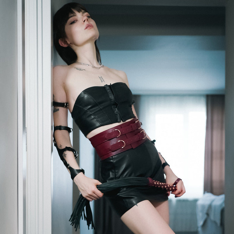 Wine Red: Heavy Leather Flogger with Studded Handle