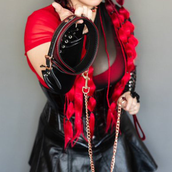 Wine Red: Leather Collar with Chain Leash