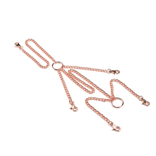 Rose gold full-body restraint chain set with central O-rings and multiple connecting chains for BDSM play
