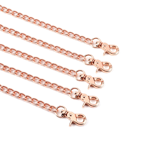 Rose gold full-body restraint chain connectors with clasps, designed for connecting collar, handcuffs, and ankle cuffs, enhancing bondage gear accessories