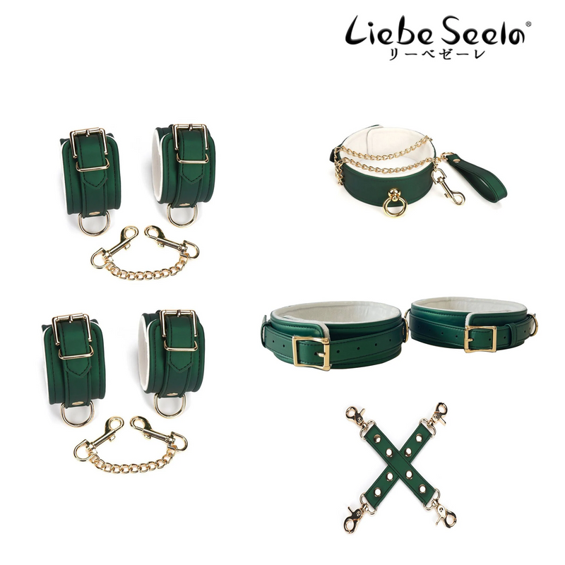 Custom order for A Christmas Green PU Plush Lining Bondage Set 5 pieces - BDSM set collor&leash; hancuffs ; ankle cuffs; thigh cuffs(Large); hogtie