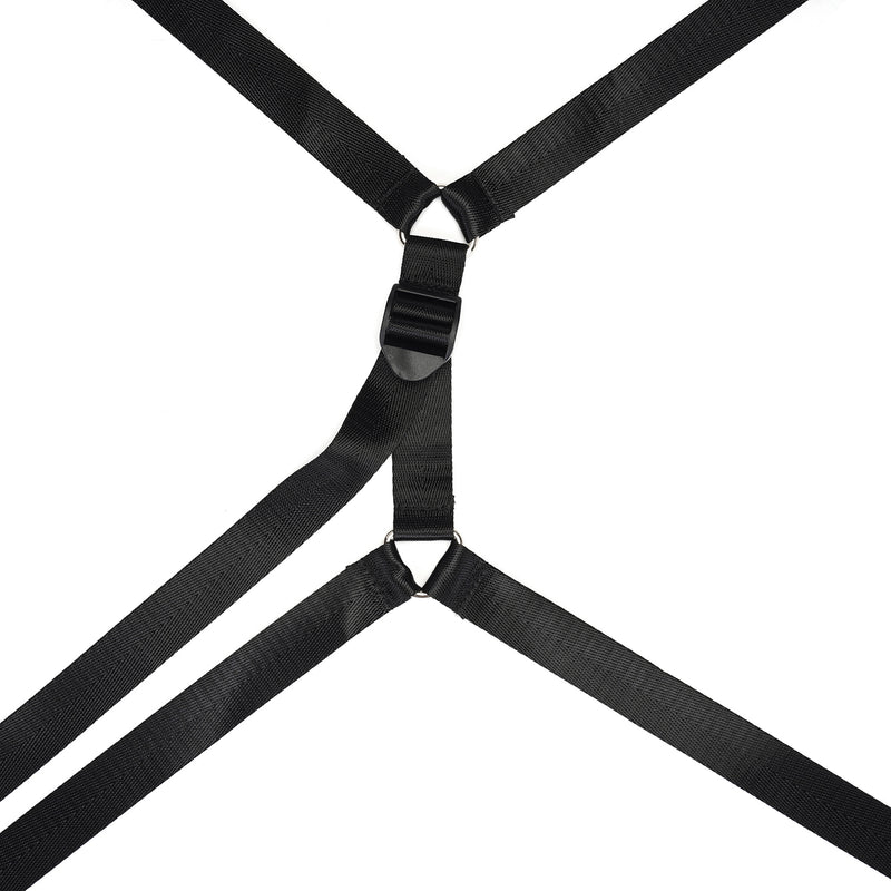 Close-up of under mattress restraint system with four adjustable black webbing belts and D-rings for bedroom bondage
