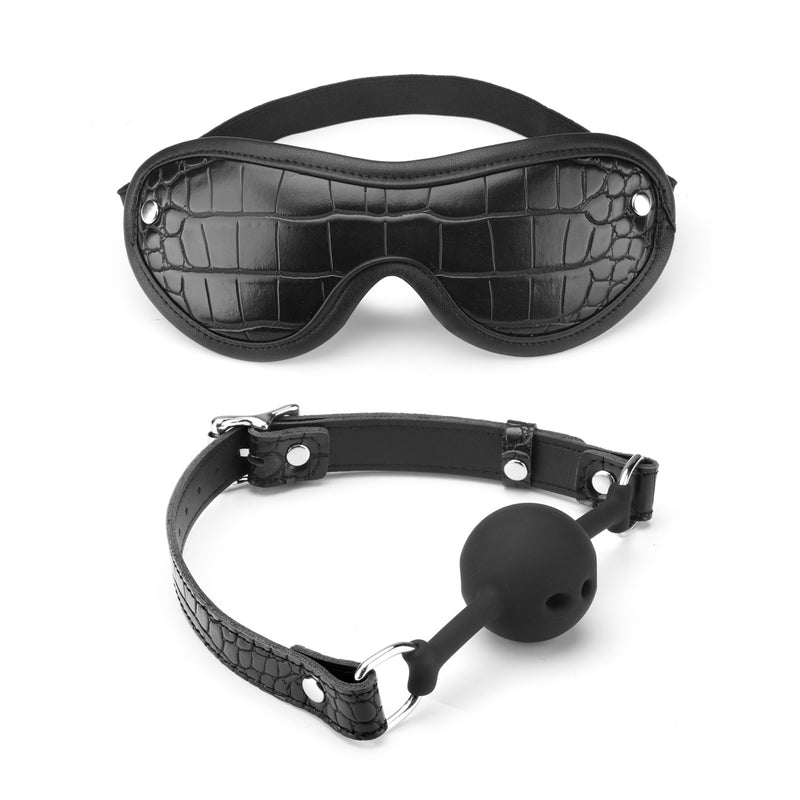 Black crocodile leather blindfold and ball gag from the Temptation 8 Pieces Bondage Kit