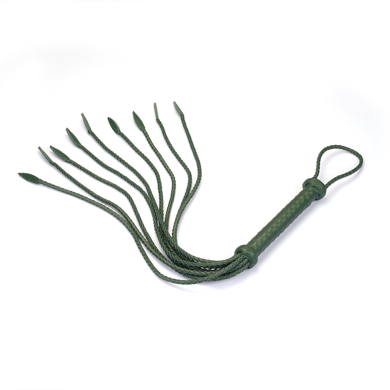 Green Mossy Chic Leather Cat O' Nine Tails Whip with braided handle and luxurious leather fronds for bondage play