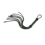 Dark green and black leather Cat O Nine Tails whip with braided tails and sturdy handle, designed for BDSM play