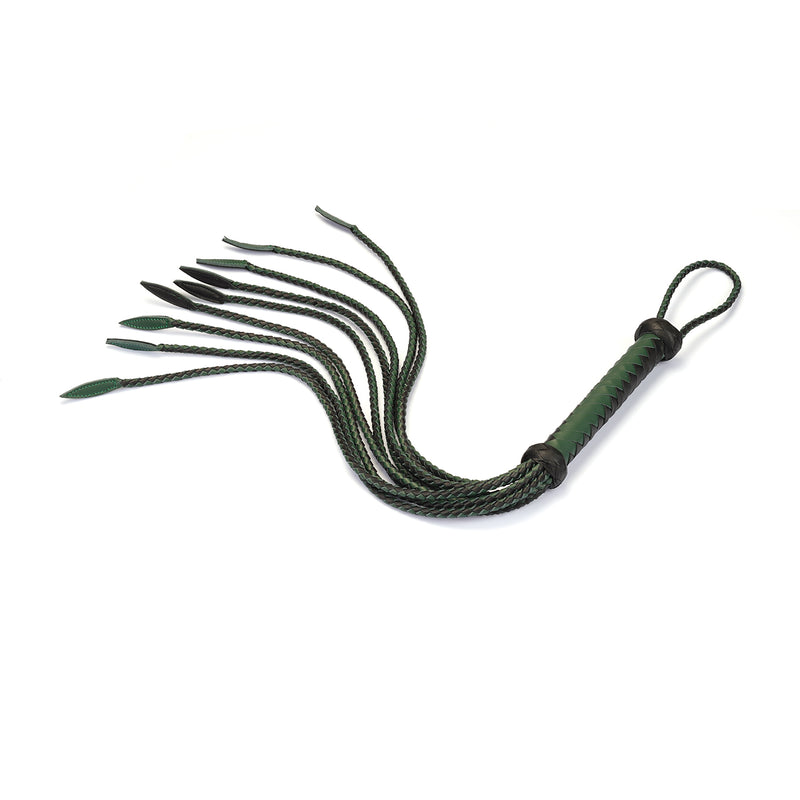 Mossy Chic green and black leather Cat O' Nine Tails whip with braided handle, luxurious leather flogger for BDSM play