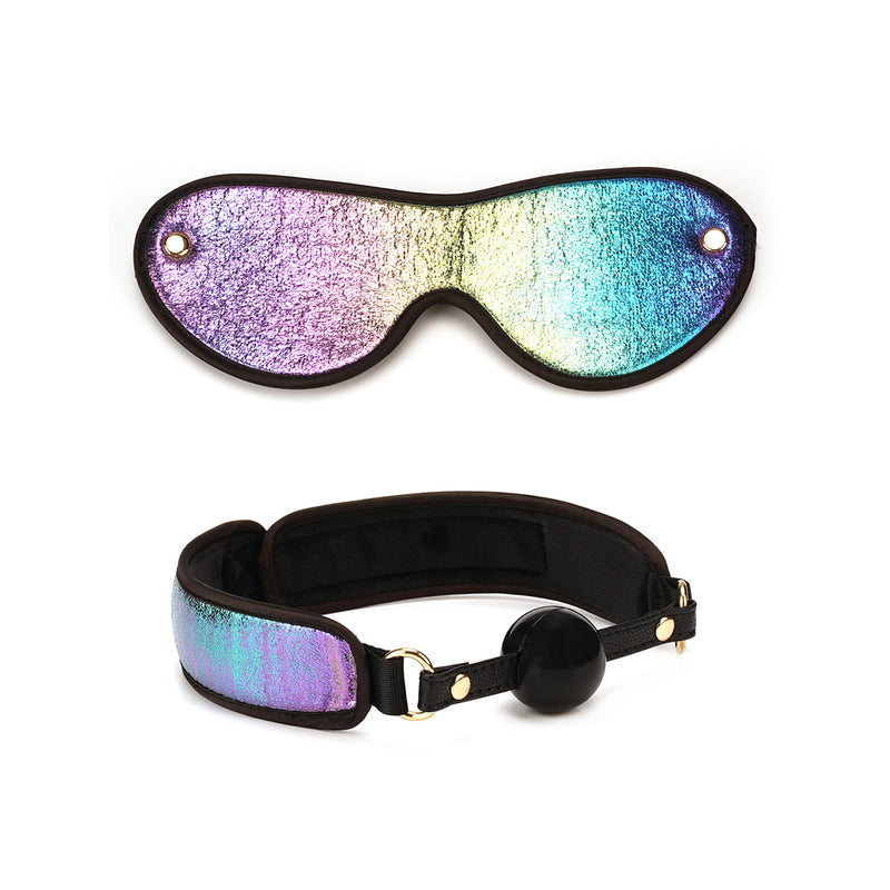 Rainbow holographic blindfold and ball gag from the Vivid Niji Soft Bondage Kit
