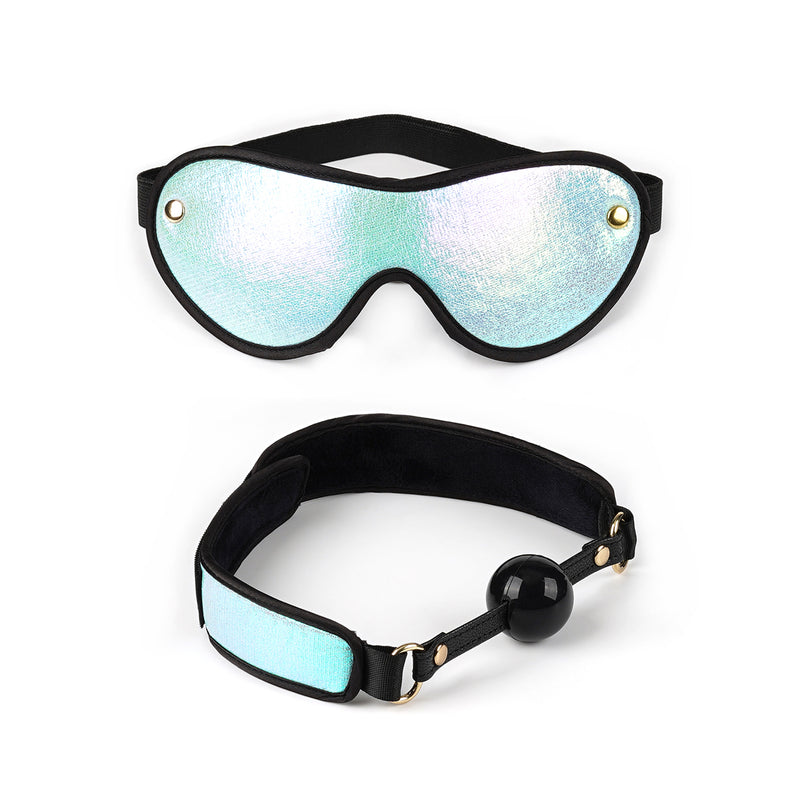 Holographic blue and turquoise blindfold and black ball gag from the Vivid Sorairo Soft Bondage Kit