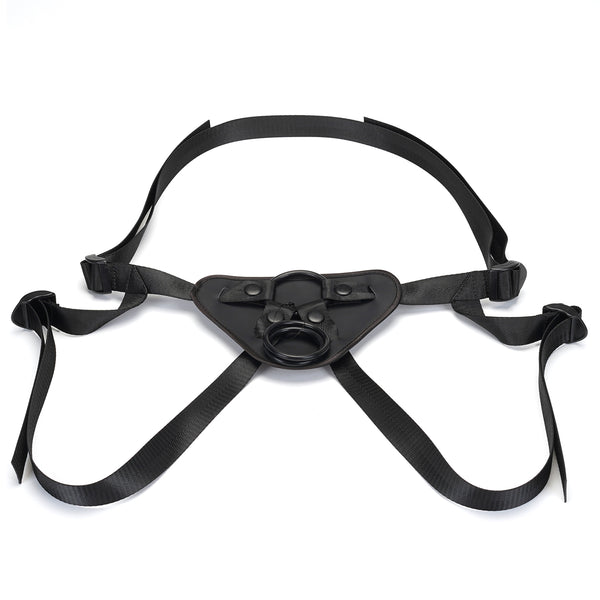 Vegan leather strap-on harness with adjustable straps and multiple O-rings for pegging play