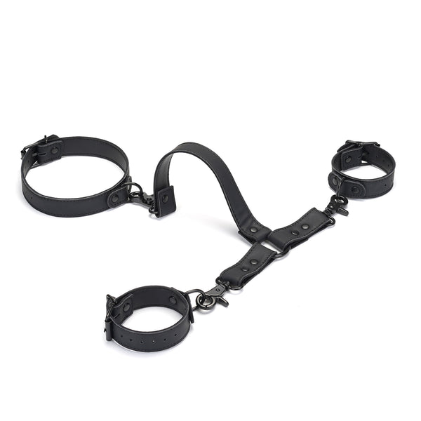 Vegan leather wrist-to-collar restraint set in black with adjustable metal buckles and quick-release clips for BDSM play