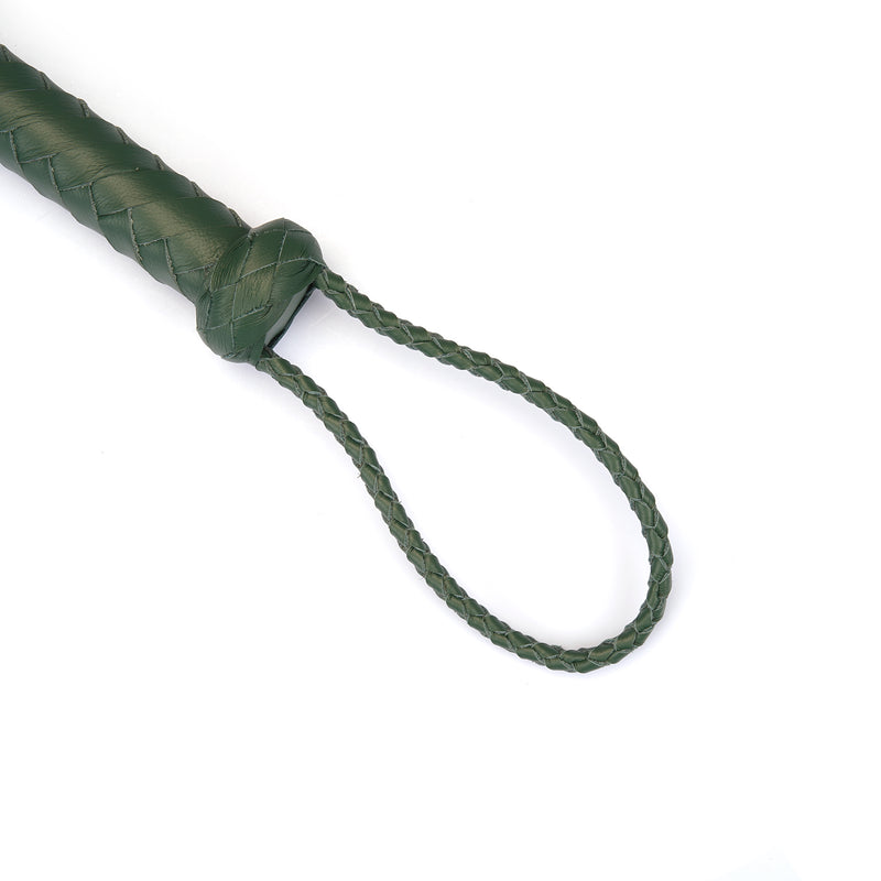Green Mossy Chic leather cat of nine tails whip featuring a braided handle and luxurious leather fronds for intense spanking sessions