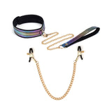 Holographic rainbow bondage collar with rose gold chain leash from the Vivid Niji beginners bondage kit
