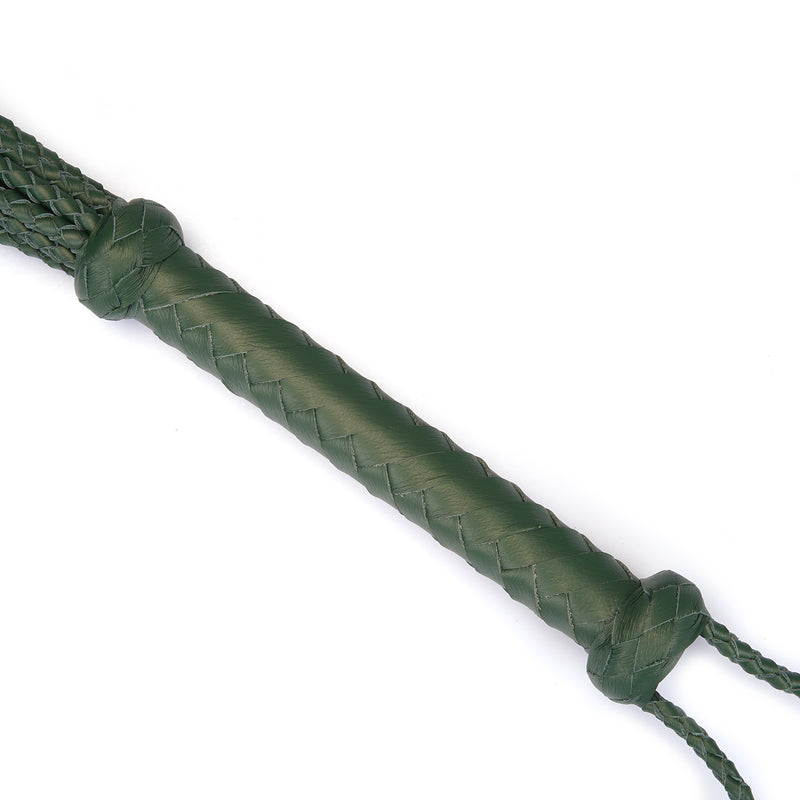Green leather braided handle of Mossy Chic Leather Cat O' Nine Tails Whip, featuring detailed stitching and weaving