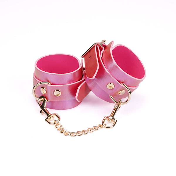 Lustre Rosa: Pink Leather Ankle Cuffs with Gold Hardware