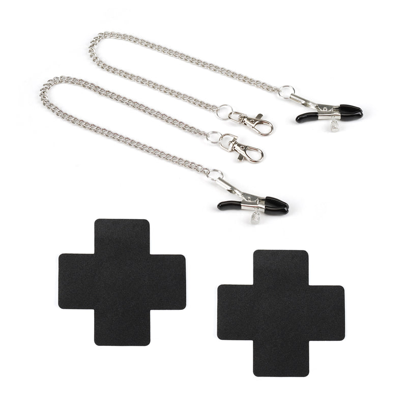 Adjustable beginner's nipple clamps with cross-shaped pasties and chain detail from Bound You BDSM kit.