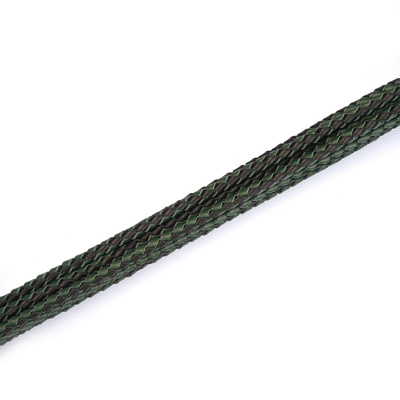 Close-up of dark green and black leather braid detail from Cat O Nine Tails Whip for BDSM play