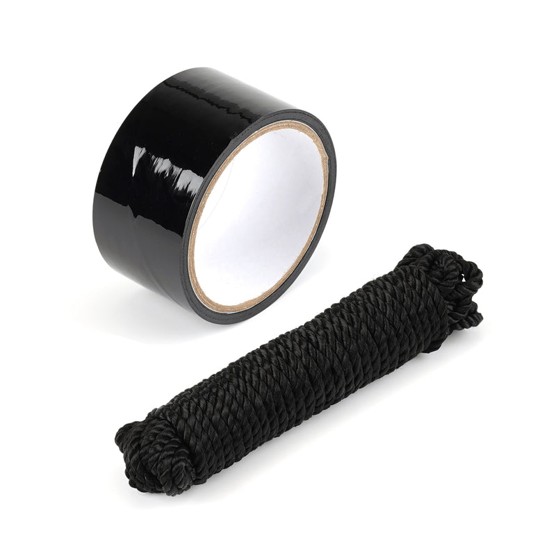 Durable black bondage tape and Shibari-style rope ideal for beginner's restraint play, part of LIEBE SEELE Bound You BDSM kit.