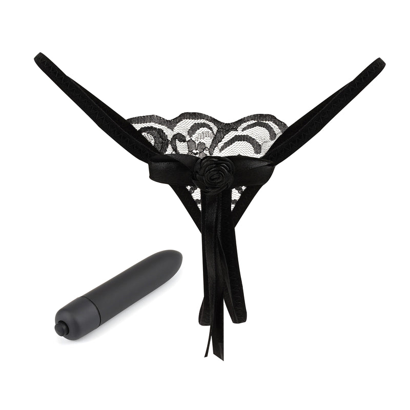 Erotic black floral lace G-string with rosette detail and sleek bullet vibrator from LIEBE SEELE's Bound You BDSM starter kit.