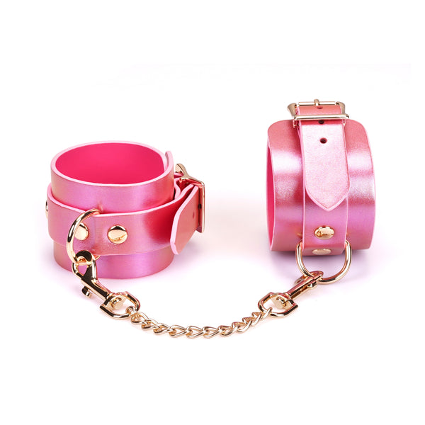 Lustre Rosa: Pink Leather Ankle Cuffs with Gold Hardware