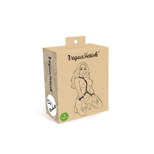 Vegan Fetish brand packaging for faux leather wrist-to-collar restraints, featuring an illustration of a woman in bondage gear and vegan certification icon