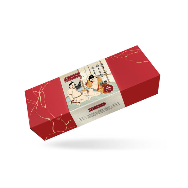 Luxury red and white packaging of Kinbaku Ukiyo-e ankle cuffs featuring traditional Japanese bondage art, ideal for BDSM enthusiasts interested in a blend of culture and modernity.