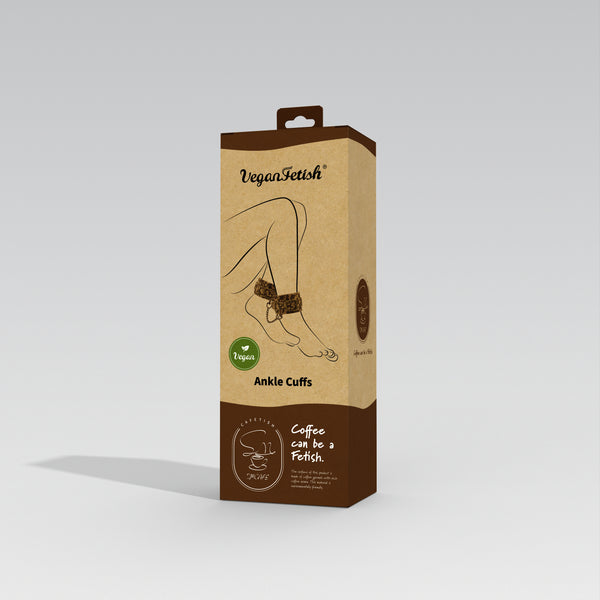 Packaging design for Vegan Fetish SM Cafe Ankle Cuffs made with coffee grounds and cork, highlighting eco-friendly materials and coffee fetish theme