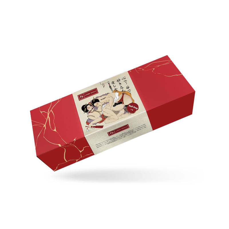Packaging for Kinbaku Ukiyoe Ball Gag featuring traditional Japanese Ukiyo-e art and bondage theme in red and gold