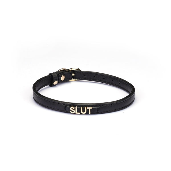 Liebe Seele premium leather choker with gold letters spelling SLUT, adjustable for fashion and SM play