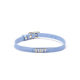 Liebe Seele Italian leather choker in light blue with gold 'SLUT' letters, adjustable buckle for a comfortable and fashionable fit