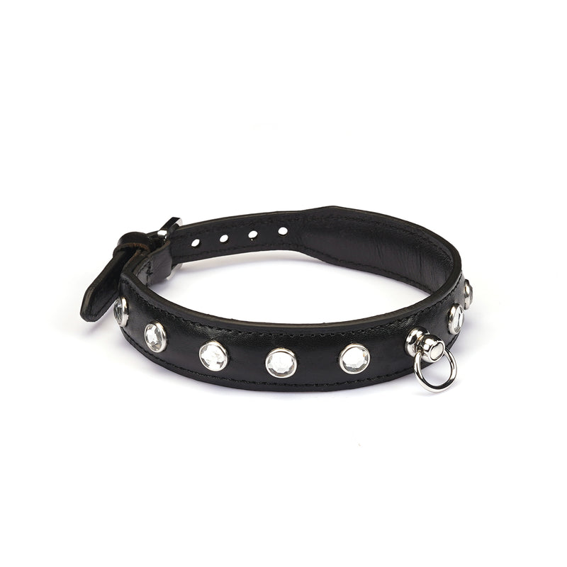 Liebe Seele premium leather choker with clear gemstones and silver rings, suitable for fashion and SM plays