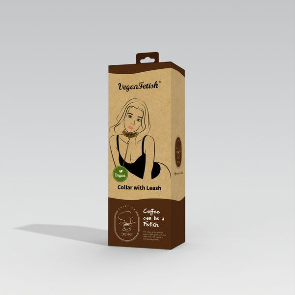 Vegan Fetish SM Cafe Collar with Leash packaging, featuring eco-friendly materials and coffee-inspired design, with a woman illustrated on the sophisticated brown box