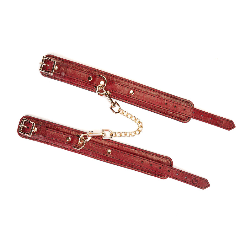 Limited Edition：Italian Blood Red-Leather Ankle Cuffs with Gold Hardware