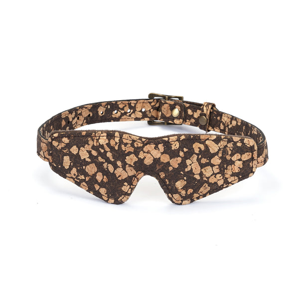 Vegan Fetish SM Cafe Blindfold featuring coffee grounds and cork material with antique bronze hardware and adjustable strap