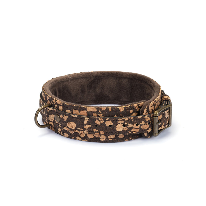Vegan fetish SM cafe collar with antique bronze hardware and plush velvet lining, made from coffee grounds and cork