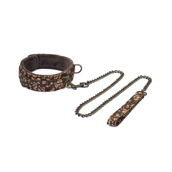 Vegan SM Cafe Collar with plush lining and antique bronze chained leash, crafted from coffee grounds and cork