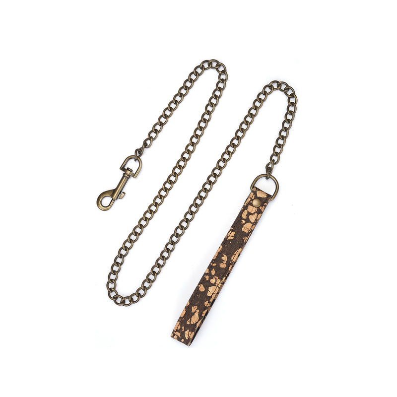 Vegan Fetish SM Cafe Collar with bronze metal leash, featuring eco-friendly coffee grounds and cork material with antique pleated metal hardware