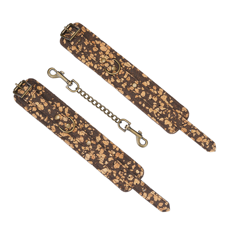 Eco-friendly vegan fetish SM Cafe handcuffs crafted with coffee grounds and cork, featuring antique bronze hardware and plush lining
