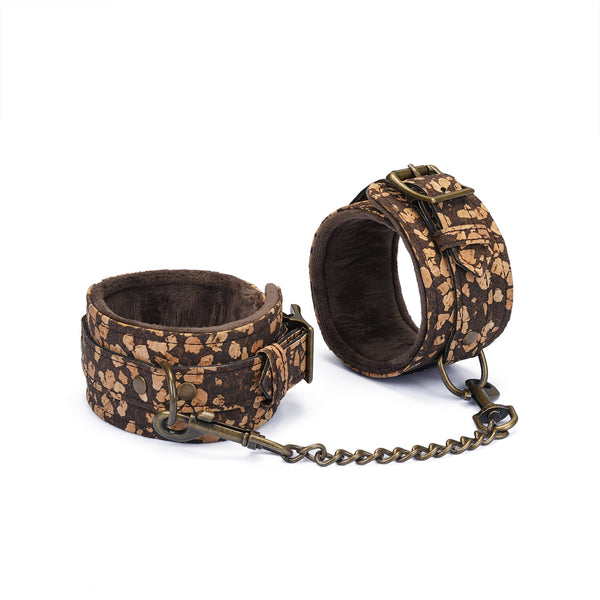 Vegan Fetish SM Cafe Ankle Cuffs crafted from coffee grounds and cork with velvet lining and antique bronze hardware