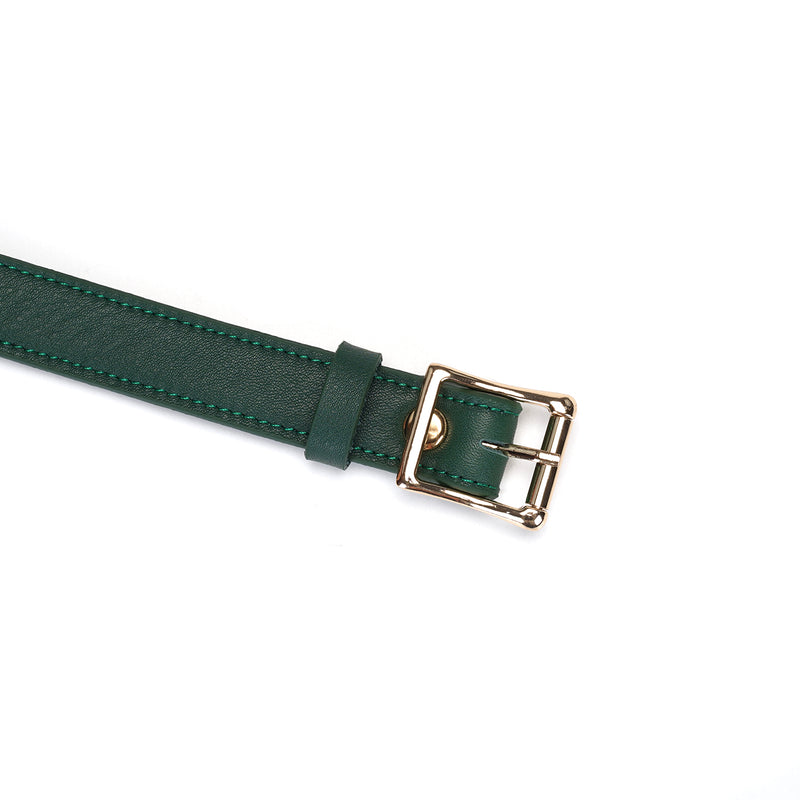 Mossy green leather strap with gold buckle from luxurious BDSM silicone ball gag