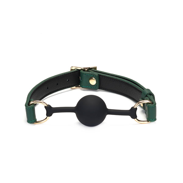 Mossy Chic green leather ball gag with black silicone ball and adjustable gold metal buckles for BDSM play