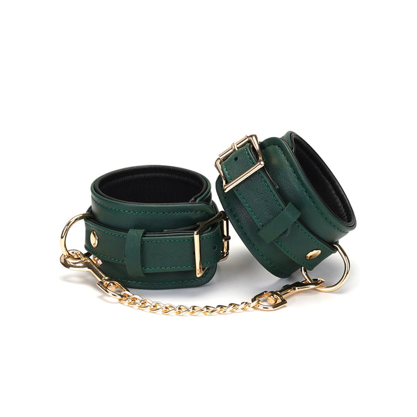 Mossy Chic leather ankle cuffs with gold hardware and adjustable straps for bondage play